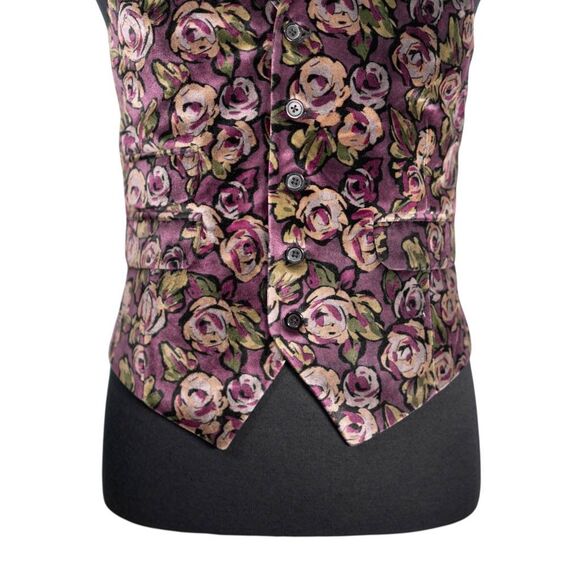 Mens 40R Velvet Vest Purple Green Floral Waistcoat Formal Wedding Party Groom - Picture 5 of 9